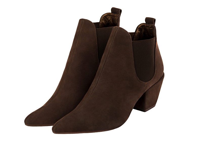 Women's dark brown elegant Chelsea ankle boots, with side elastics. Tapered toe. Medium cone heels - Front view
